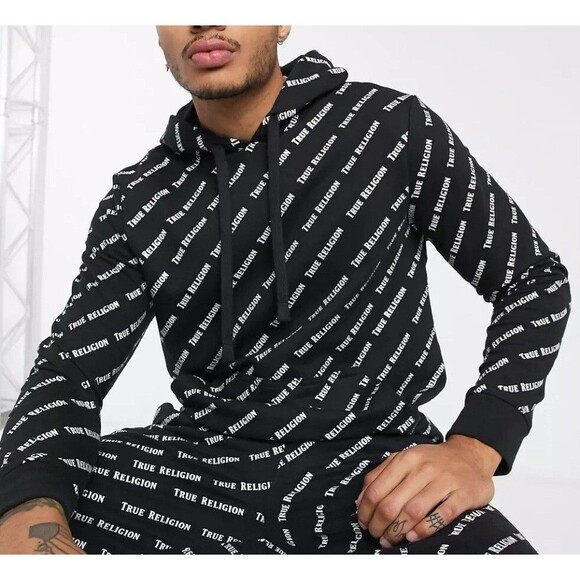 True Religion LS All Over Print Pullover Hoodie Men's Size 2XL - Picture 1 of 13